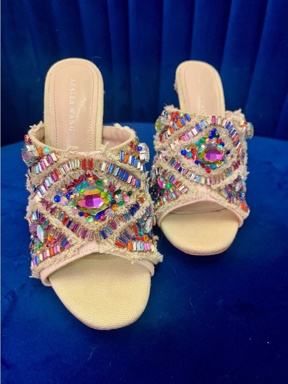 Azalea Wang Jeweled Crystal Slide Heels | Multicolor Statement Mules - Size 6.5 - Picture 8 of 11
